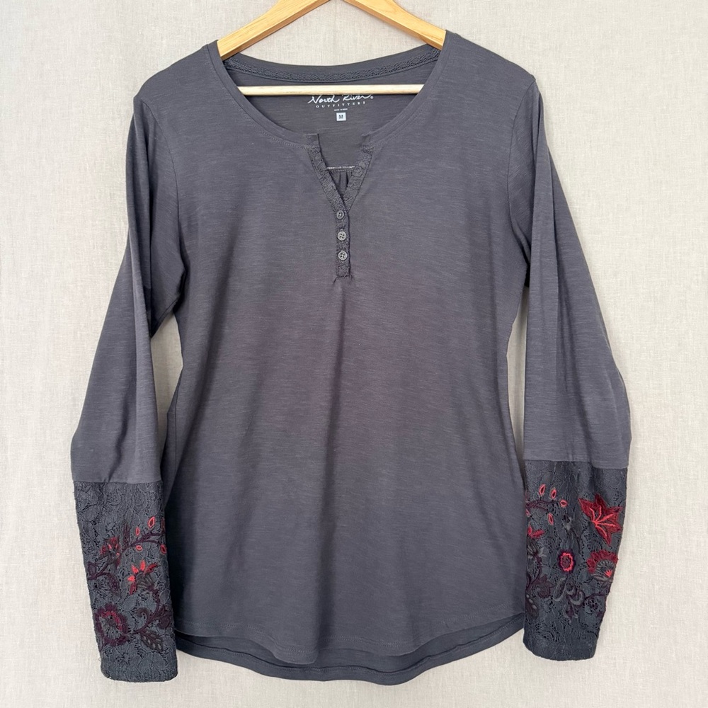 North River Outfitters | Gray Henley Embroidered Cuff | Long Sleeve T-Shirt | M - Picture 3 of 13
